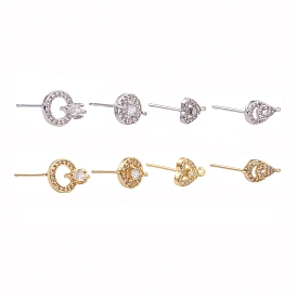 8 Pairs Brass Micro Pave Clear Cubic Zirconia Stud Earring Findings, with Loop, Cadmium Free & Lead Free, Mixed Shapes