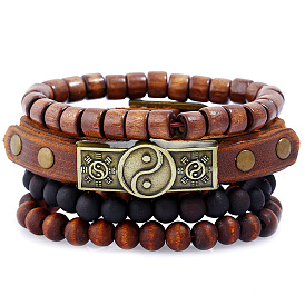 4 pcs 4 ensemble de bracelets extensibles en perles de bois de style, Bracelets en alliage yin yang en cuir de vache pour hommes