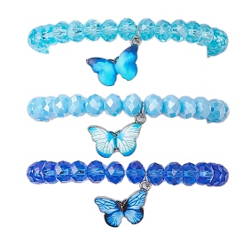 Electroplated Faceted Rondelle Glass Beaded Stretch Bracelet Sets, Butterfly Printed Alloy Enamel Charm Stackable Bracelets for Women