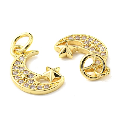 Rack Plating Brass Micro Pave Clear Cubic Zirconia Charms, with Jump Ring, Moon with Star Charm