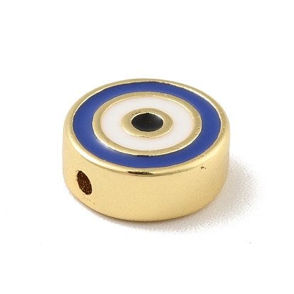 Brass Beads, with Enamel, Cadmium Free & Lead Free, Long-Lasting Plated, Flat Round with Evil Eye, Real 18K Gold Plated