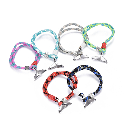 Mult-strand Bracelets, with Polyester & Spandex Cord Ropes , Alloy European Cube Beads, 304 Stainless Steel Pendants, Whale Tail Shape