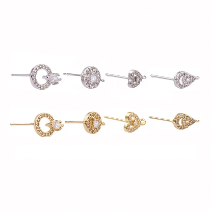 8 Pairs Brass Micro Pave Clear Cubic Zirconia Stud Earring Findings, with Loop, Cadmium Free & Lead Free, Mixed Shapes
