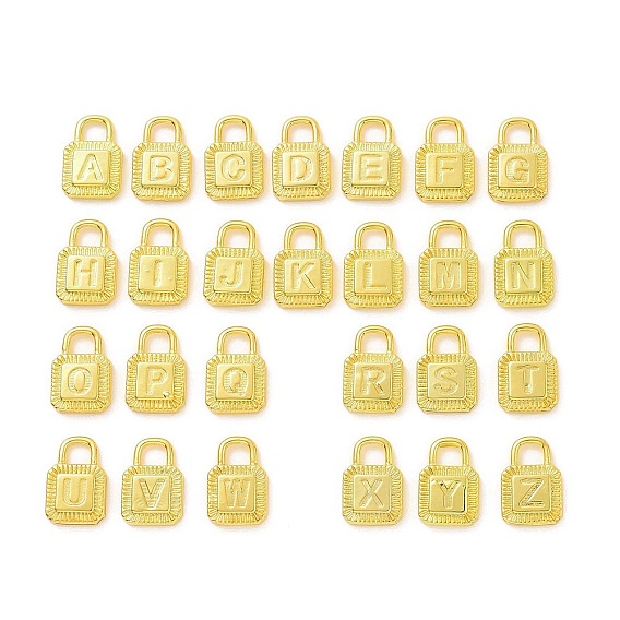 Eco-friendly Rack Plating Brass Pendants, Cadmium Free & Lead Free, Long-Lasting Plated, Lock with 26 Letter