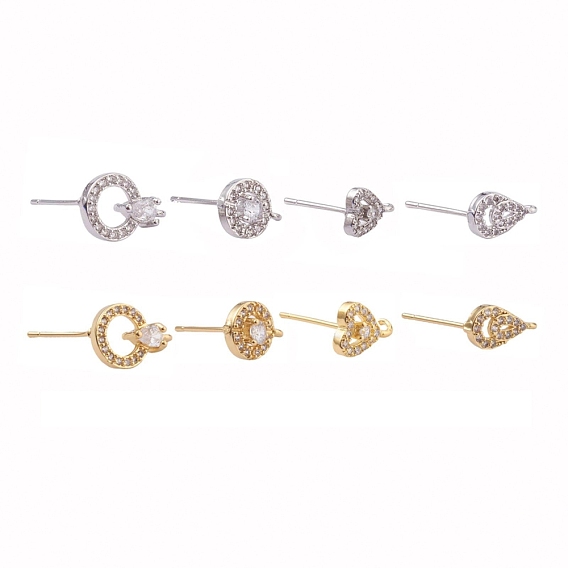 8 Pairs Brass Micro Pave Clear Cubic Zirconia Stud Earring Findings, with Loop, Cadmium Free & Lead Free, Mixed Shapes