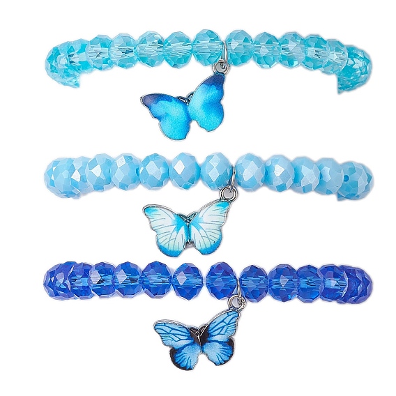 Комплекты эластичных браслетов из гальванического граненого стекла-ронделя и бисера, Женские штабелируемые браслеты из сплава с эмалью и принтом бабочки