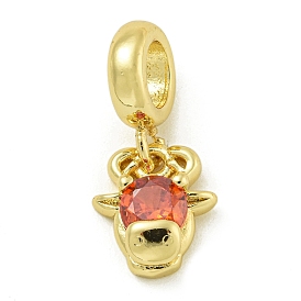 Rack Plating Brass Pave Orange Red Cubic Zirconia Cattle Head European Dangle Charms, Large Hole Pendants, Lead Free & Cadmium Free, Long-Lasting Plated