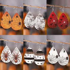 Halloween PU Leather Earrings, with Stainless Steel Dangle Earrings, Teardrop with Spider