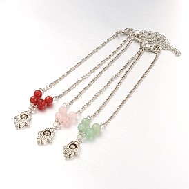 Alliage de style tibétain hamsa main / main de fatima / main de bracelets de charme miriam, avec des perles de pierres fines, alliage de zinc fermoirs pince de homard et des chaînes de fer, 230mm
