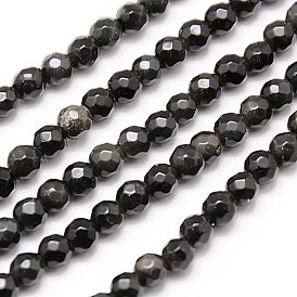 Obsidienne naturelle perles brins, facette, ronde, 4mm, Trou: 1mm, Environ 90 pcs/chapelet, 15.35 pouce
