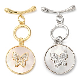 Brass Micro Pave Clear Cubic Zirconia Toggle Clasps, with Shell, Butterfly