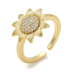 Sunflower Rack Plating Brass Micro Pave Cubic Zirconia Cuff Finger Rings for Women,  Cadmium Free & Lead Free, Long-Lasting Plated