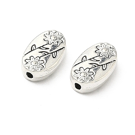 Oval with Flower Tibetan Style Alloy Beads, Cadmium Free & Lead Free, 10x6x2.5mm, Hole: 1.5mm