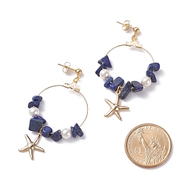Natural Mixed Stone Chip Beads Dangle Stud Earrings, Ring with Starfish Long Drop Earrings for Women, Golden