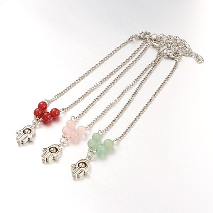 Alliage de style tibétain hamsa main / main de fatima / main de bracelets de charme miriam, avec des perles de pierres fines, alliage de zinc fermoirs pince de homard et des chaînes de fer, 230mm