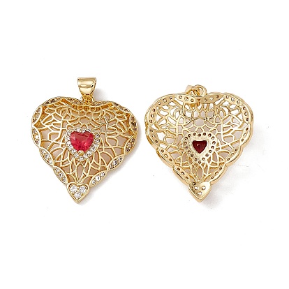 Brass Cubic Zirconia Pendants, Cadmium Free & Lead Free, Hollow Heart Charm
