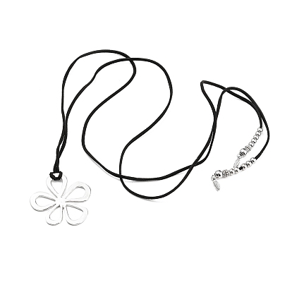 Waxed Cord Adjustable Wrap Choker Necklaces, Alloy Hollow Flower Pendant Necklace