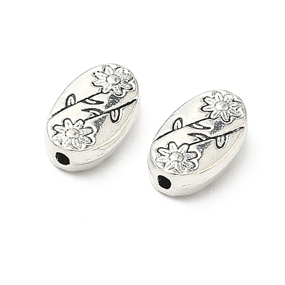 Oval with Flower Tibetan Style Alloy Beads, Cadmium Free & Lead Free, 10x6x2.5mm, Hole: 1.5mm