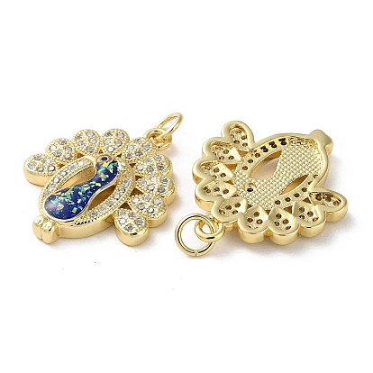 Brass Micro Pave Clear Cubic Zirconia Pendants, with Synthetic Opal, Real 18K Gold Plated, Peacock Charms