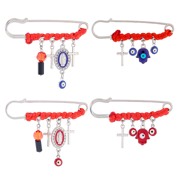 4 шт. 4 стили стальные броши, с подвесками из эмали и сплава , сглаз и рука хамса и крест