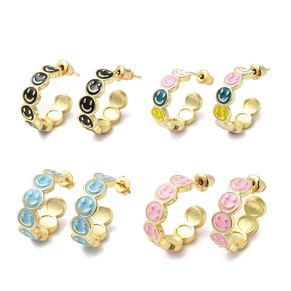 Серьги-гвоздики из латуни с улыбающимся лицом, настоящие 18k, позолоченные, серьги-полукольца с эмалью
