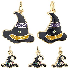 7 шт. 2 стили подвески для Хэллоуина с покрытием из латуни и эмали, долговечный, без свинца и без кадмия, реальный 18 k позолоченный, ведьма шляпа