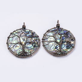 Abalone Shell/Paua Shell Big Pendants, Wire Wrapped Pendants, Flat Round with Tree of Life, Red Copper