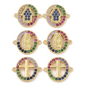 Real 18K Gold Plated Brass Micro Pave Colorful Cubic Zirconia Connector Charms, Religion Oval Links with Hamsa Hand/Cross/Virgin