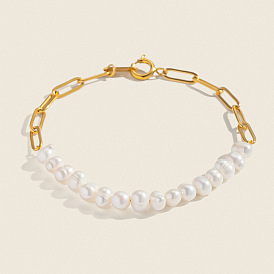 Браслеты из натуральных пресноводных жемчужин, 304 Браслеты из нержавеющей стали в виде цепочки-скрепки, украшения для женщин, круглые