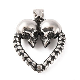 316 Surgical Stainless Steel Pendants, Heart with Double Skull Charm