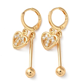Rhinestone Heart Leverback Earrings, Brass Bar Drop Earrings for Women