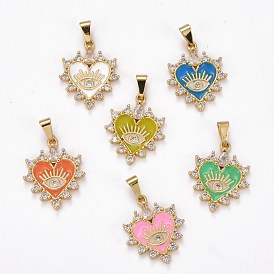 Brass Clear Cubic Zirconia Pendants, with Enamel, Long-Lasting Plated, Real 18K Gold Plated, Heart and Eye