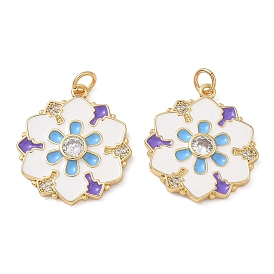 Brass Micro Pave Clear Cubic Zirconia Pendants, with Enamel, Flower Charms, Golden