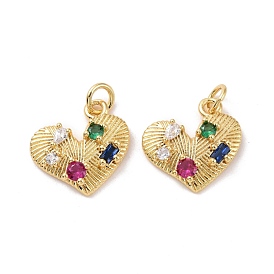 Heart Brass Micro Pave Colorful Cubic Zirconia Pendants, with Jump Rings, Cadmium Free & Lead Free