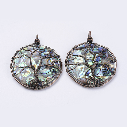Abalone Shell/Paua Shell Big Pendants, Wire Wrapped Pendants, Flat Round with Tree of Life, Red Copper
