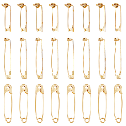 24Pcs 3 Styles Grade AAA Brass Brooch Findings and Brass Safety Pins