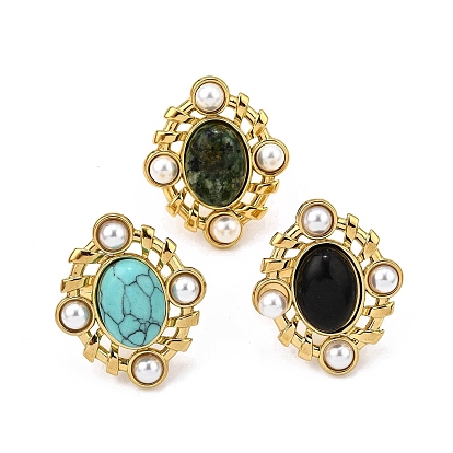 304 регулируемые манжеты из нержавеющей стали с натуральными драгоценными камнями и пластиковой имитацией жемчуга для женщин, ромб, золотые