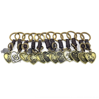 Heart with Constellations Antique Bronze Alloy Keychains, with Leather Cords