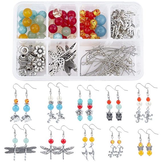 DIY Dangle Earring Making Kits, with Alloy Pendants, Alloy Beads, Glass Beads, Gemstone Beads, Brass Earring Hooks