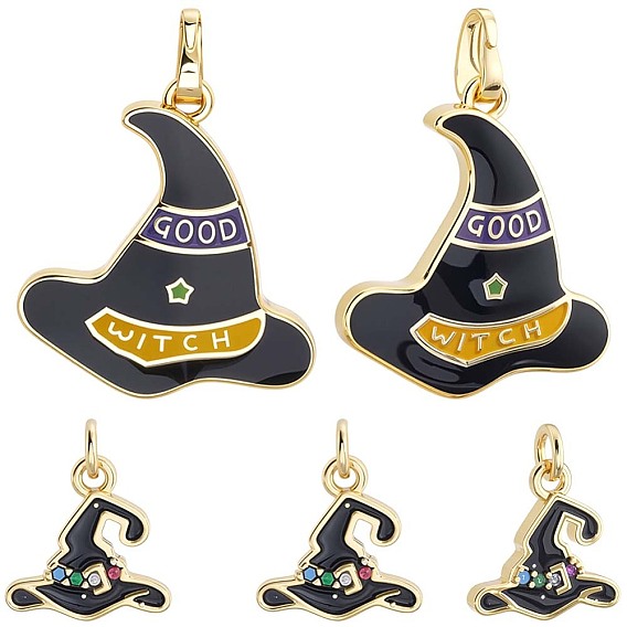 7 шт. 2 стили подвески для Хэллоуина с покрытием из латуни и эмали, долговечный, без свинца и без кадмия, реальный 18 k позолоченный, ведьма шляпа