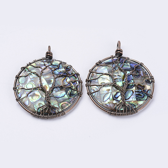 Abalone Shell/Paua Shell Big Pendants, Wire Wrapped Pendants, Flat Round with Tree of Life, Red Copper