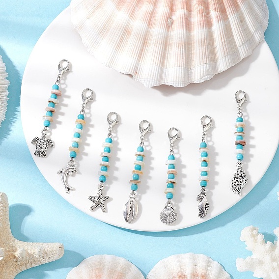Подвесные украшения из сплава в тибетском стиле в стиле океана, с бусинами из синтетической бирюзы и натуральных пресноводных ракушек, застежками-клешнями лобстера
