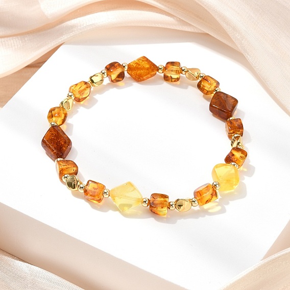 Эластичные браслеты из натурального янтаря и латунных бусин для женщин, ромб и куб