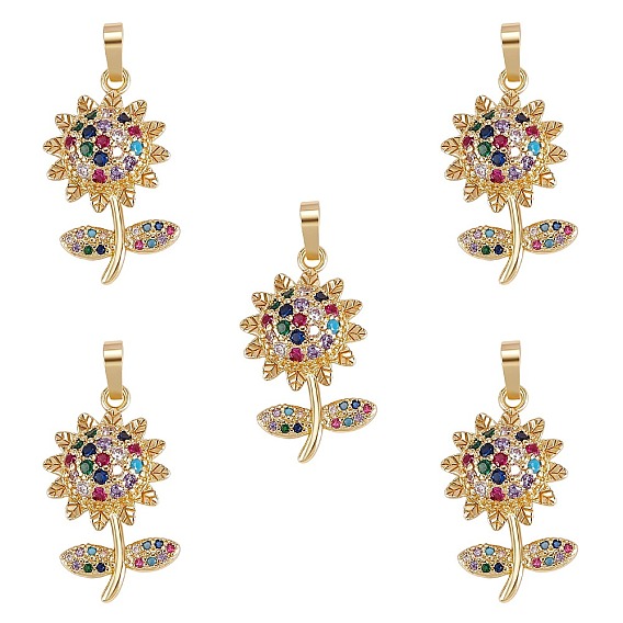 Brass Micro Pave Cubic Zirconia Pendants, Sunflower