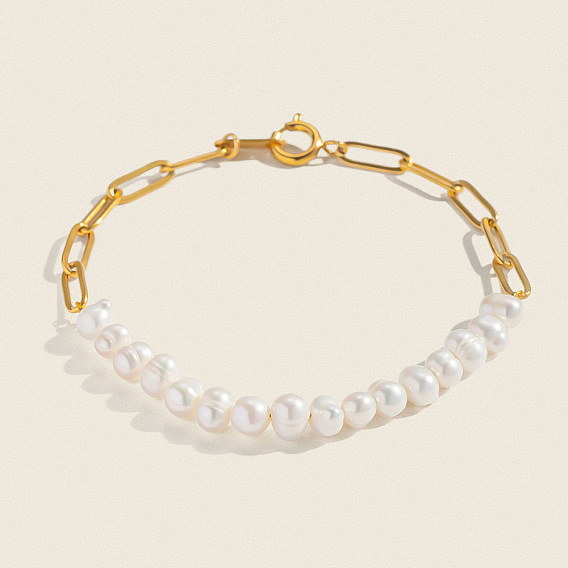 Браслеты из натуральных пресноводных жемчужин, 304 Браслеты из нержавеющей стали в виде цепочки-скрепки, украшения для женщин, круглые