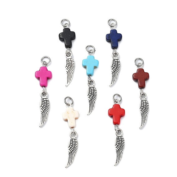 Окрашенные синтетические бирюзовые подвески, крест с подвесками из сплава перьев, с прыжковых колец, античное серебро