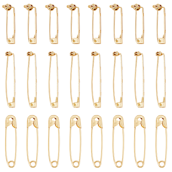 24Pcs 3 Styles Grade AAA Brass Brooch Findings and Brass Safety Pins