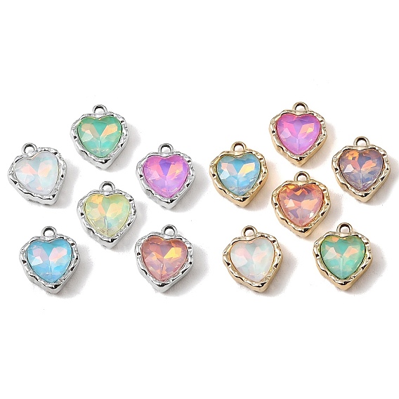UV Plating Alloy Glass Pendants, Heart Charm, Faceted, Mixed Color