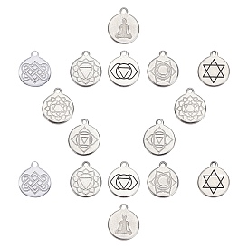 16 pcs 8 style 201 breloques en acier inoxydable, plat et circulaire avec chakra