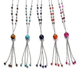 304 Stainless Steel Pendant Necklaces, with Cable Chains and Natural & Synthetic Gemstone Round Beads